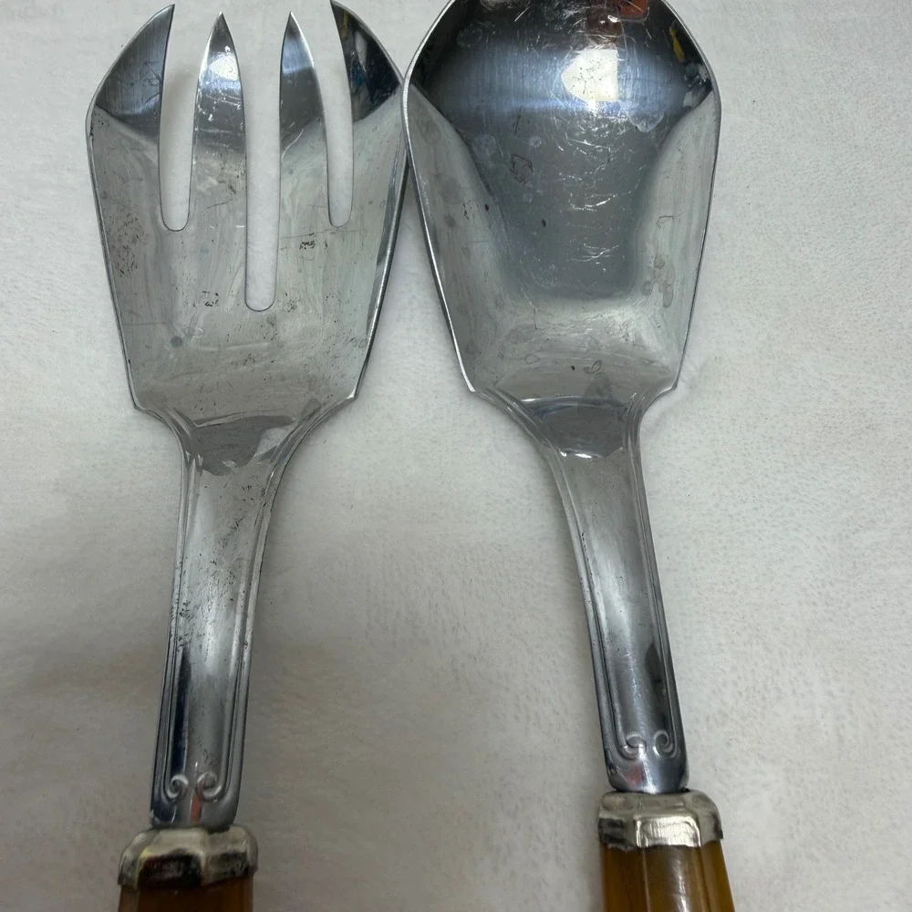 VTG Butterscotch Amber Marbled Salad Serving Set Fork and Spoon MCM Retro Farm